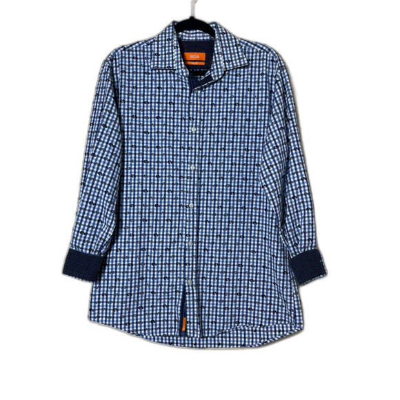 Tallia Slim Fit 15 1/2 32/33 Blue Checkered 3D Flip Cuff Button Down Shirt - Picture 2 of 9